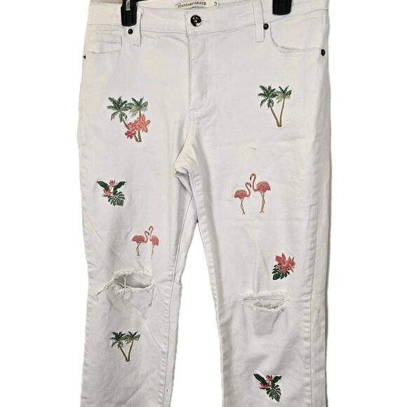 Standard Grace Denim - Standard Grace Jeans White Embroidered Flamingos Palm Trees Distressed Sz 12